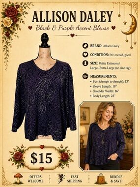 Allison Daley Black Purple Petite Blouse L